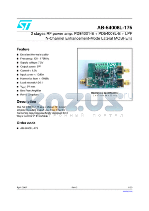AB-54008L-175 datasheet - 2 stages RF power amp: PD84001-E  PD54008L-E  LPF N-Channel Enhancement-Mode Lateral MOSFETs