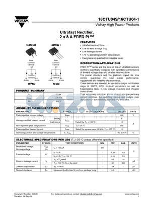 16CTU04S datasheet - Ultrafast Rectifier, 2 x 8 A FRED PtTM