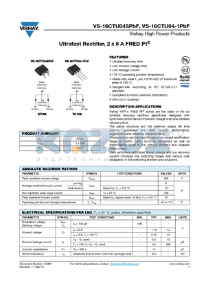 16CTU04SPBF datasheet - Ultrafast Rectifier, 2 x 8 A FRED Pt