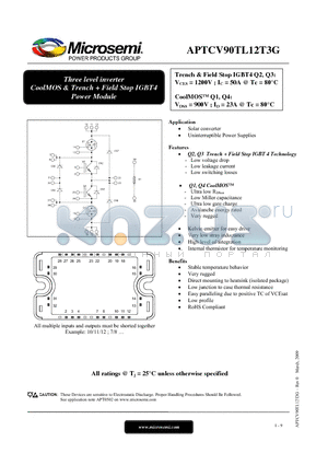 APTCV90TL12T3G datasheet - Three level inverter CoolMOS & Trench  Field Stop IGBT4 Power Module