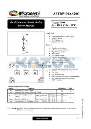 APTDF400AA20G datasheet - Dual Common Anode diodes Power Module