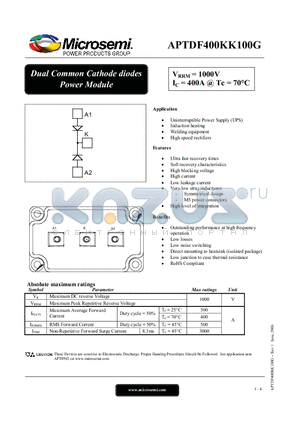 APTDF400KK100G datasheet - Dual Common Cathode diodes Power Module