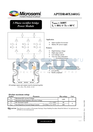 APTDR40X1601G datasheet - 3 Phase rectifier bridge Power Module