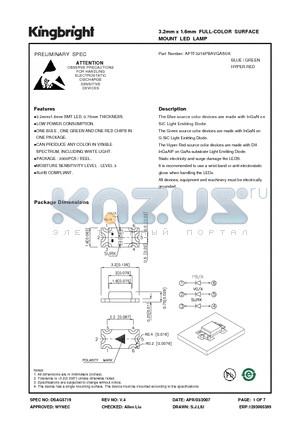 APTF3216PBAVGASUK datasheet - 3.2mm x 1.6mm FULL-COLOR SURFACE MOUNT LED LAMP