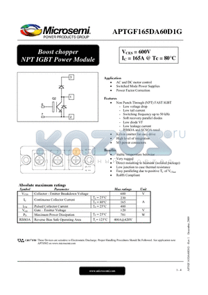 APTGF165DA60D1G datasheet - Boost chopper NPT IGBT Power Module