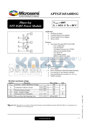 APTGF165A60D1G datasheet - Phase leg NPT IGBT Power Module