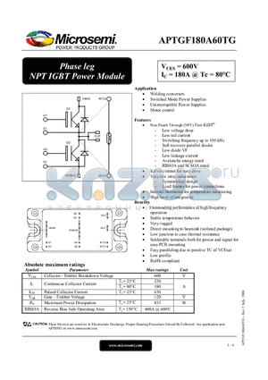 APTGF180A60TG datasheet - Phase leg NPT IGBT Power Module