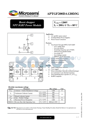 APTGF200DA120D3G datasheet - Boost chopper NPT IGBT Power Module