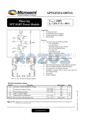 APTGF25A120T1G datasheet - Phase leg NPT IGBT Power Module