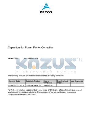 B25667A2157A375 datasheet - Capacitors for Power Factor Correction