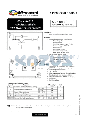 APTGF300U120DG datasheet - Single Switch with Series diodes NPT IGBT Power Module