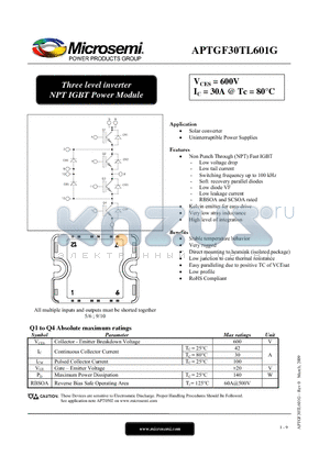 APTGF30TL601G datasheet - Three level inverter NPT IGBT Power Module