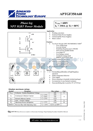 APTGF350A60 datasheet - Phase leg NPT IGBT Power Module