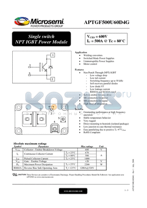 APTGF500U60D4G datasheet - Single switch NPT IGBT Power Module