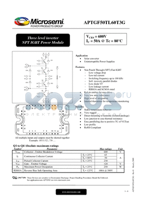 APTGF50TL60T3G datasheet - Three level inverter NPT IGBT Power Module