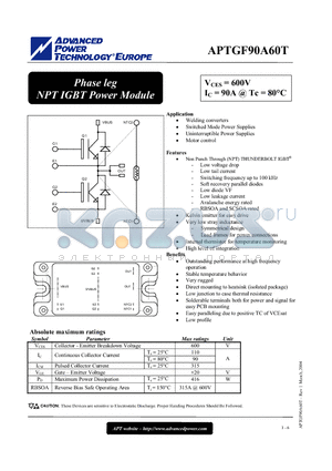 APTGF90A60T datasheet - Phase leg NPT IGBT Power Module