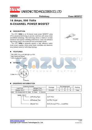 16N50L-TF3-T datasheet - 16 Amps, 500 Volts N-CHANNEL POWER MOSFET