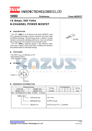 16N50G-TF3-T datasheet - 16 Amps, 500 Volts N-CHANNEL POWER MOSFET