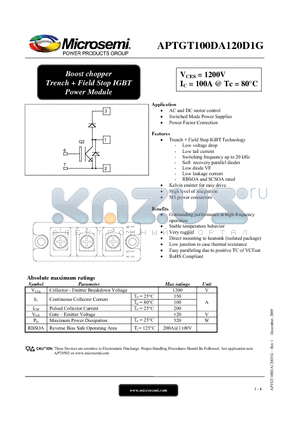 APTGT100DA120D1G datasheet - Boost chopper Trench  Field Stop IGBT Power Module