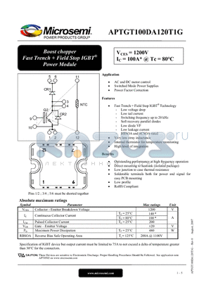 APTGT100DA120T1G datasheet - Boost chopper Fast Trench  Field Stop IGBT^ Power Module