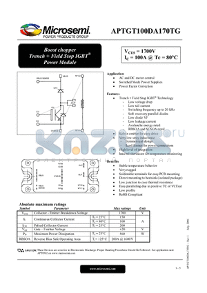 APTGT100DA170TG datasheet - Boost chopper Trench  Field Stop IGBT Power Module