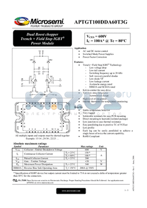 APTGT100DDA60T3G datasheet - Dual Boost chopper Trench  Field Stop IGBT Power Module