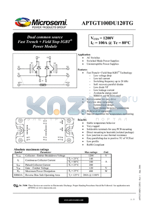 APTGT100DU120TG datasheet - Dual common source Fast Trench  Field Stop IGBT Power Module