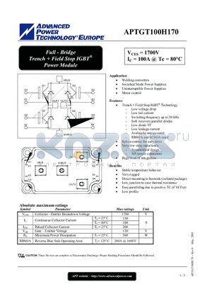 APTGT100H170 datasheet - Full - Bridge Trench  Field Stop IGBT Power Module