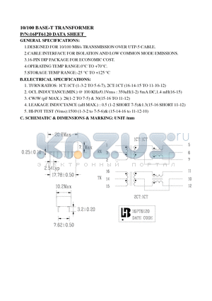 16PT6120 datasheet - 10/100 BASE-T TRANSFORMER