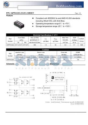16PT6122A datasheet - 10/100 BASE-T ETHERNET ISOLATION TRANSFOMER