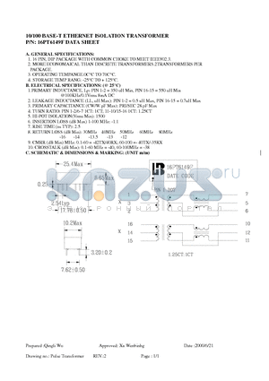 16PT6149F datasheet - 10/100 BASE-T ETHERNET ISOLATION TRANSFORMER