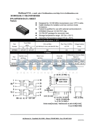 16PT8510 datasheet - 10/100 BASE-T TRANSFORMER