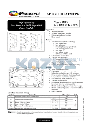 APTGT100TA120TPG datasheet - Triple phase leg Fast Trench  Field Stop IGBT Power Module