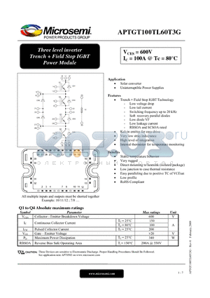 APTGT100TL60T3G datasheet - Three level inverter Trench  Field Stop IGBT Power Module