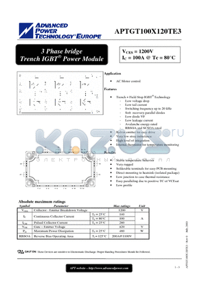 APTGT100X120TE3 datasheet - 3 Phase bridge Trench IGBT Power Module