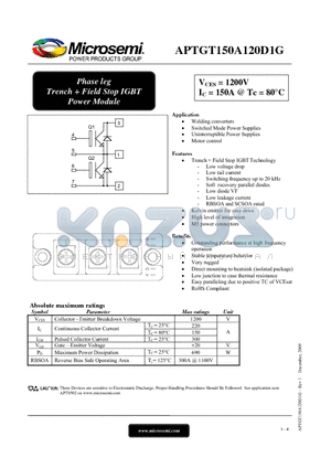 APTGT150A120D1G datasheet - Phase leg Trench  Field Stop IGBT Power Module