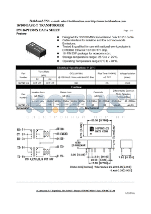 16PT8510X datasheet - 10/100 BASE-T TRANSFORMER