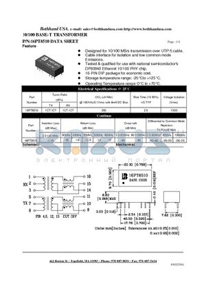 16PT8510_1 datasheet - 10/100 BASE-T TRANSFORMER