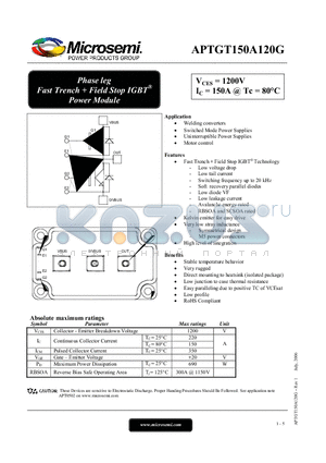 APTGT150A120G datasheet - Phase leg Fast Trench  Field Stop IGBT Power Module