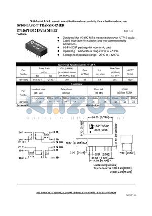 16PT8512 datasheet - 10/100 BASE-T TRANSFORMER