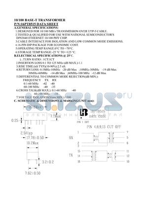 16PT8515 datasheet - 10/100 BASE-T TRANSFORMER