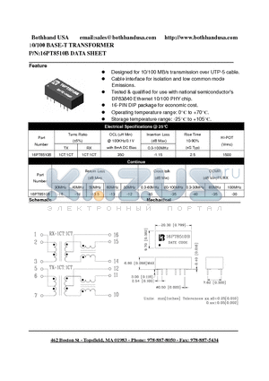 16PT8510B datasheet - 10/100 BASE-T TRANSFORMER