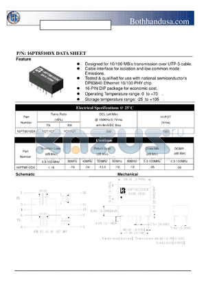 16PT8510DX datasheet - 10/100 BASE-T TRANSFORMER