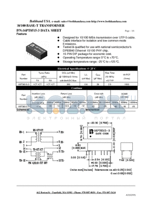 16PT8515-3 datasheet - 10/100 BASE-T TRANSFORMER