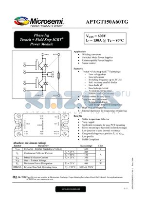 APTGT150A60TG datasheet - Phase leg Trench  Field Stop IGBT Power Module