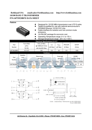 16PT8520BFX datasheet - 10/100 BASE-T TRANSFORMER