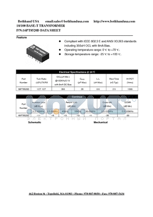 16PT8520D datasheet - 10/100 BASE-T TRANSFORMER