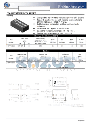 16PT8520M datasheet - 10/100 BASE-T TRANSFORMER