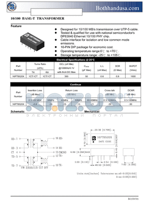 16PT8520X datasheet - 10/100 BASE-T TRANSFORMER