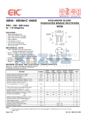 AB125-C1000G datasheet - AVALANCHE GLASS PASSIVATED BRIDGE RECTIFIERS